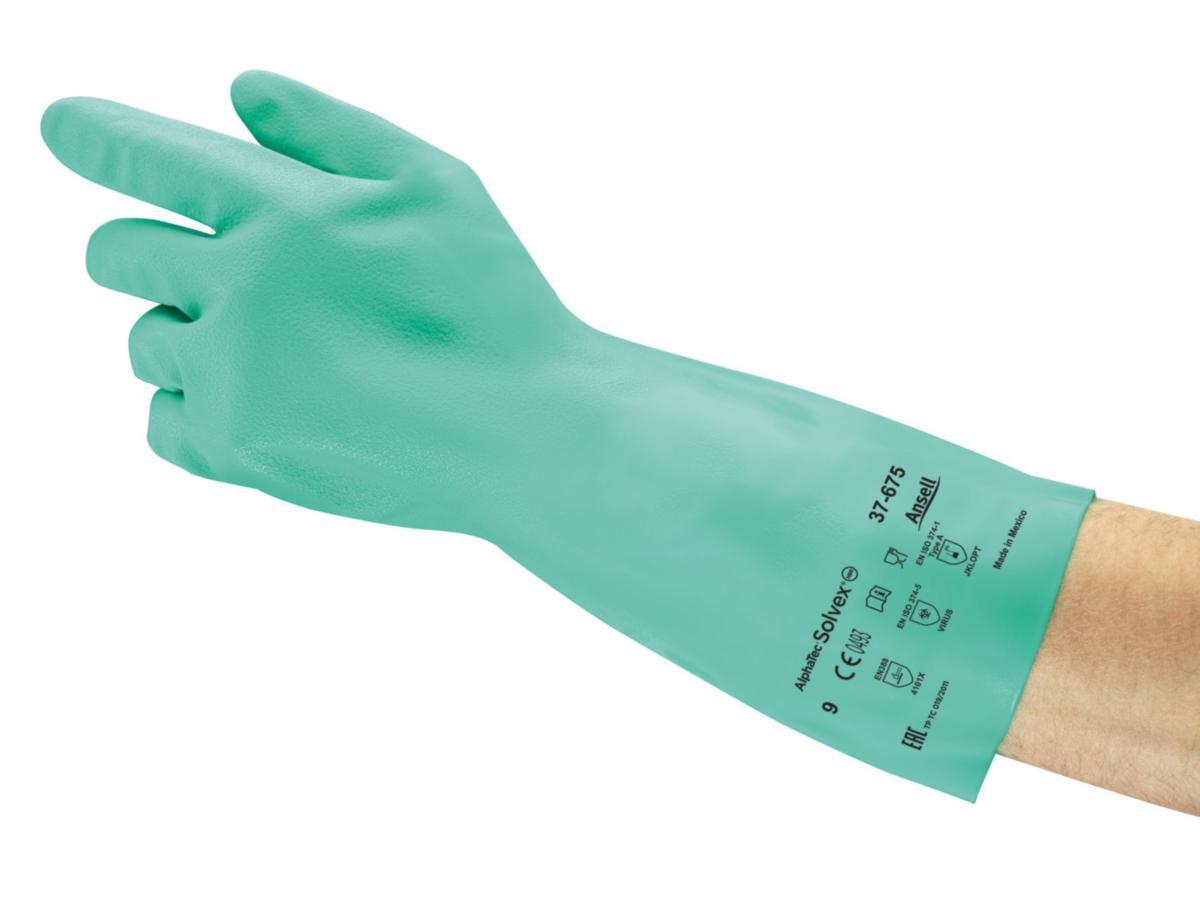 Grønn Ansell AlphaTec Solvex 37-675 nitrilhanske med lang mansjett.