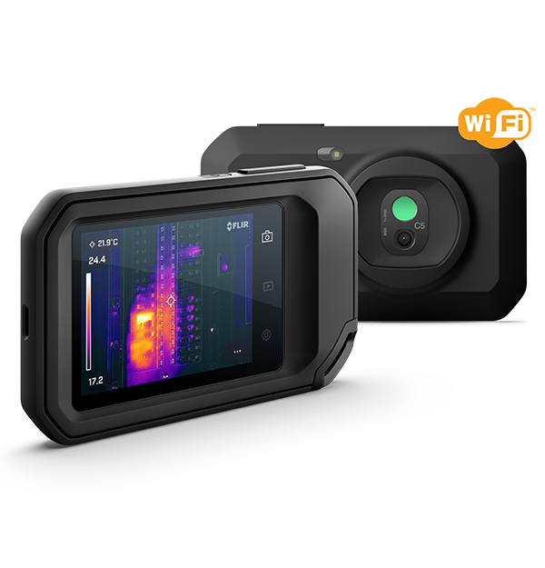 FLIR C5 kompakt termokamera vist fra skjermsiden og kamerasiden.