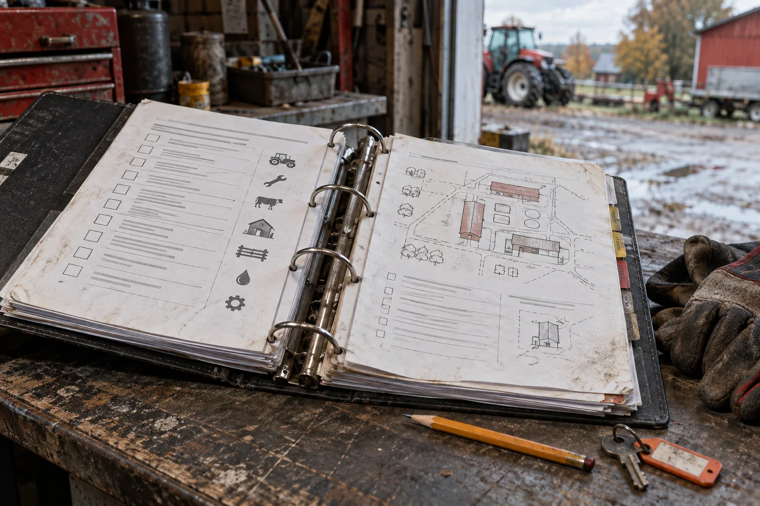 KI-generert illustrasjon av en åpen gårdsperm med sjekkliste og kart på en arbeidsbenk.