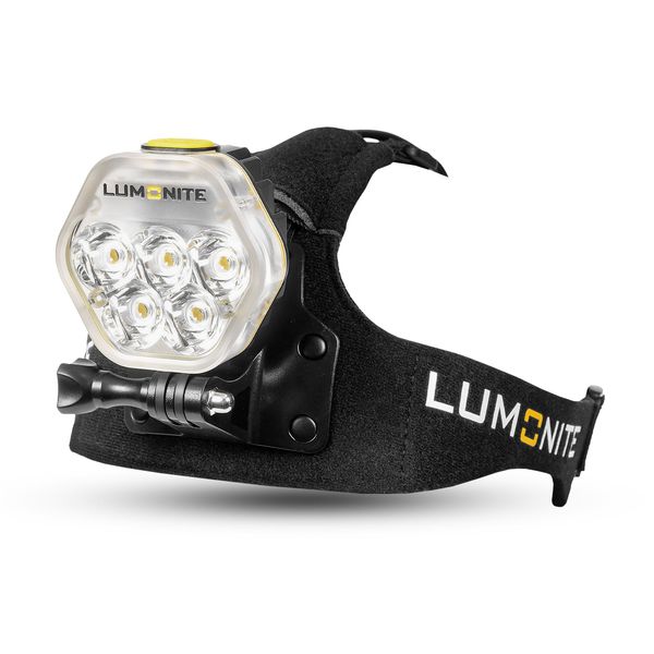 Lumonite Navigator2 hodelykt med pannebånd og flere synlige lysdioder.