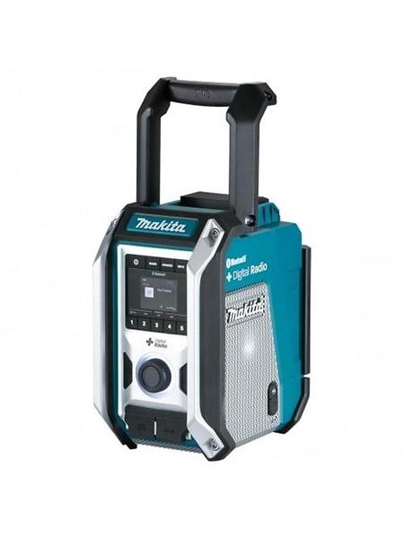Makita DMR115 arbeidsradio med bærehåndtak, display og høyttalere.