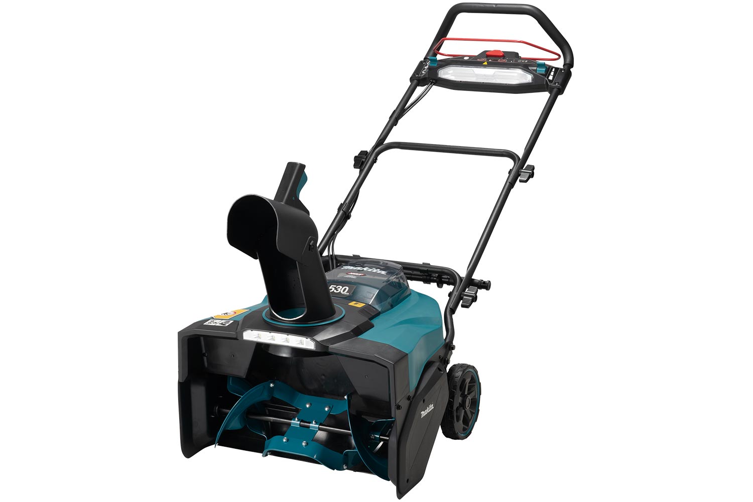 Makita SN001GZ snøfreser med håndtak, utkaster og frontåpning, sett skrått forfra.