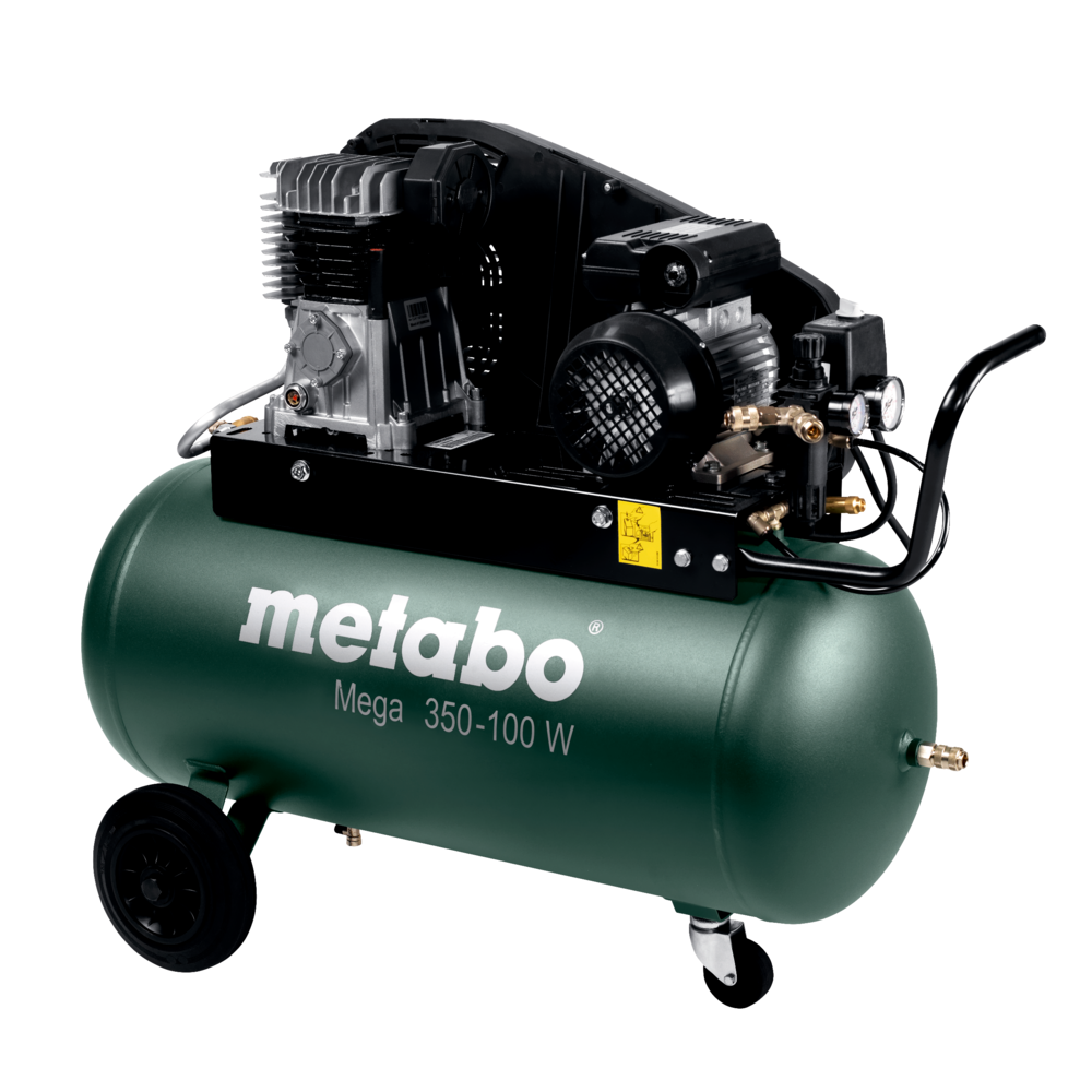Metabo Mega 350-100 W kompressor med avlang grønn tank, hjul og håndtak.