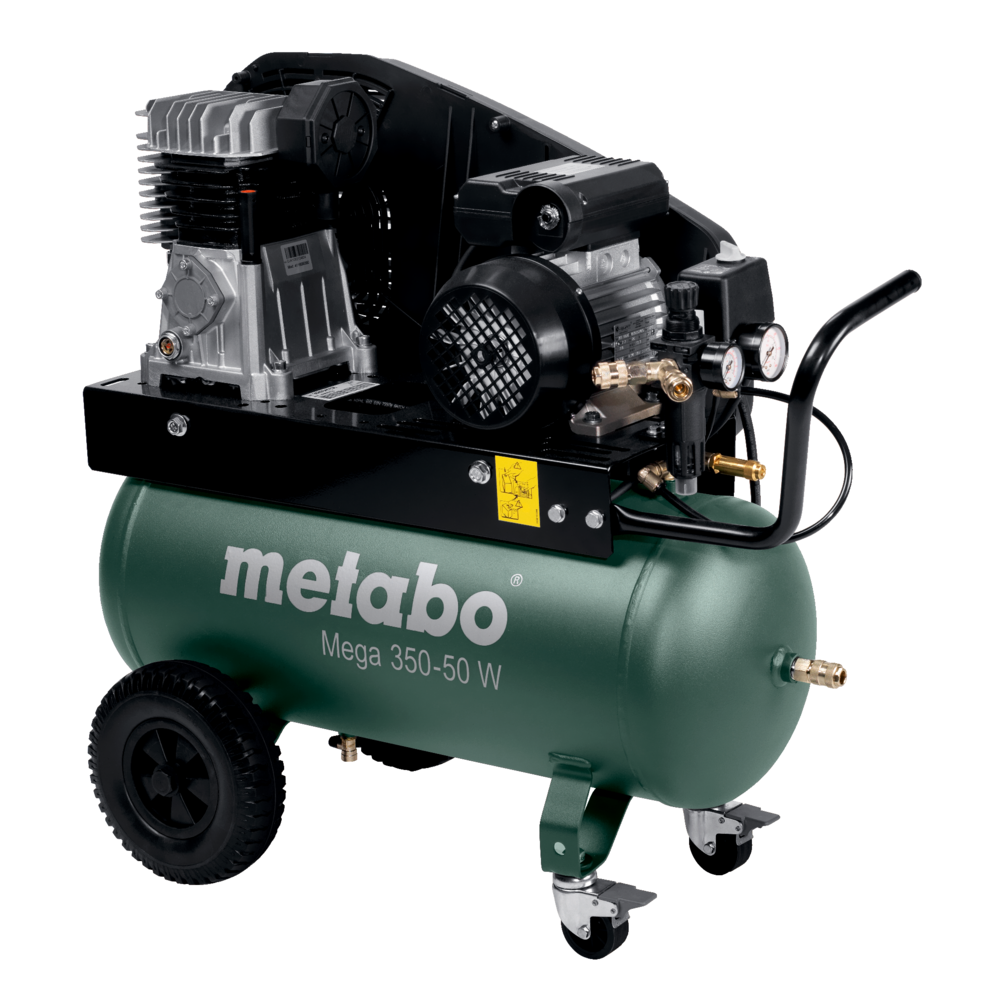 Metabo Mega 350-50 W kompressor med grønn tank, hjul og reimdrevet kompressorenhet.