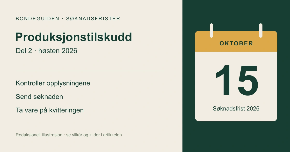 Kalenderillustrasjon: søknadsfrist for produksjonstilskudd del 2 er 15. oktober 2026.
