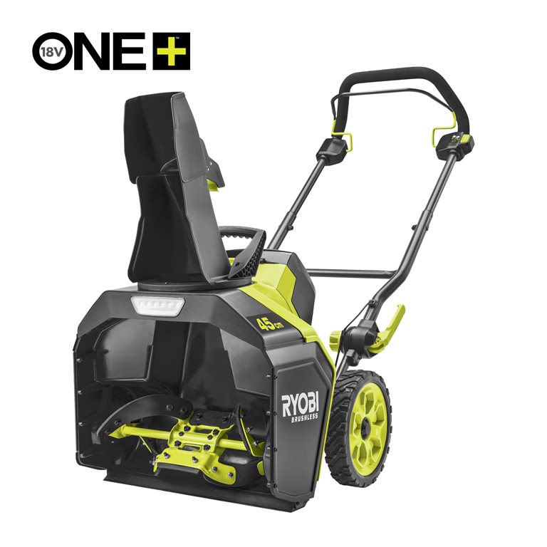 Ryobi RY18STX45A-0 snøfreser i grønt og svart med hjul, håndtak og utkaster.